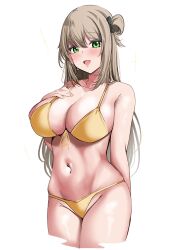Rule 34 | 1girl, :d, bikini, blue archive, breasts, commentary, cropped legs, front-tie bikini top, front-tie top, green eyes, groin, hair bun, hand on own chest, highres, large breasts, light brown hair, long hair, looking at viewer, navel, nonomi (blue archive), nonomi (swimsuit) (blue archive), official alternate costume, open mouth, side-tie bikini bottom, single side bun, smile, solo, swimsuit, tf cafe, white background, yellow bikini