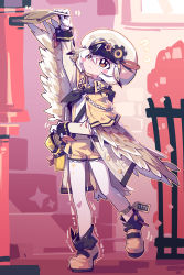 Rule 34 | 1girl, absurdres, aiguillette, anklet, bag, bird girl, black neckerchief, blush stickers, brown eyes, capelet, chinese commentary, closed mouth, commentary request, feathered wings, feathers, flying sweatdrops, frilled shorts, frills, full body, hair between eyes, highres, imazawa, jewelry, long sleeves, looking up, mail, mailbag, mailbox (incoming mail), mailman, motion lines, neckerchief, original, pantyhose, petite, shirt, shoes, short hair, short shorts, shorts, shoulder bag, sidelocks, solo, standing, standing on one leg, suspender shorts, suspenders, tiptoes, white feathers, white hair, white headwear, white pantyhose, white shirt, wings, yellow capelet, yellow footwear, yellow shorts