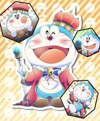 Rule 34 | 1boy, :d, bell, blue bow, blue bowtie, blue eyes, blush, bow, bowtie, cat, cloak, crown, doraemon, doraemon (character), dorayaki, food, fur-trimmed cloak, fur trim, highres, holding, holding scepter, king, looking at viewer, masser0209, multiple views, neck bell, neck ribbon, one eye closed, open mouth, red cloak, red nose, red ribbon, ribbon, scepter, smile, solo focus, sparkle, standing, straight-on, tongue, tongue out, v-shaped eyebrows, wagashi, whiskers