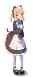 Rule 34 | 1girl, absurdres, animal ear headphones, animal ears, apron, blonde hair, blue archive, cat ear headphones, cat tail, fake animal ears, fake tail, fang, green eyes, halo, headphones, highres, maid, maid apron, maid headdress, midori (blue archive), midori (maid) (blue archive), official alternate costume, official alternate hairstyle, shadow, simple background, solo, tail, white background, whonyang
