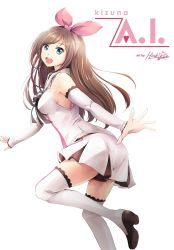 Rule 34 | 1girl, :d, artist name, bare shoulders, blue eyes, breasts, brown hair, character name, heart, highres, hiroki ree, kizuna ai, kizuna ai inc., medium breasts, open mouth, sideboob, skirt, smile, solo, thighhighs, thighs, virtual youtuber, white background, white thighhighs