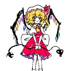 1girl animated animated_gif ascot back_bow blonde_hair bow c: commentary crystal dot_nose fds_ty feet_out_of_frame flandre_scarlet frilled_shirt_collar frilled_sleeves frills hat hat_bow holding holding_weapon jaggy_lines laevatein_(touhou) looking_at_viewer looping_animation medium_skirt mob_cap multicolored_wings one_side_up own_hands_together puffy_short_sleeves puffy_sleeves red_bow red_eyes red_skirt red_vest shirt_tucked_in short_sleeves simple_background skirt skirt_set smile solo standing touhou vest weapon white_background white_bow white_hat wings yellow_ascot