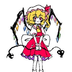 Rule 34 | 1girl, animated, animated gif, ascot, back bow, blonde hair, bow, c:, commentary, crystal, dot nose, fds ty, feet out of frame, flandre scarlet, frilled shirt collar, frilled sleeves, frills, hat, hat bow, holding, holding weapon, jaggy lines, laevatein (touhou), looking at viewer, looping animation, medium skirt, mob cap, multicolored wings, one side up, own hands together, puffy short sleeves, puffy sleeves, red bow, red eyes, red skirt, red vest, shirt tucked in, short sleeves, simple background, skirt, skirt set, smile, solo, standing, touhou, vest, weapon, white background, white bow, white hat, wings, yellow ascot