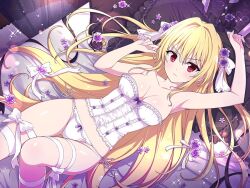 Rule 34 | 1girl, bare shoulders, bed, bed sheet, black curtains, blonde hair, blush, bottle, breasts, cleavage, closed mouth, collarbone, corset, cosmetics, curtains, flower, frilled pillow, frills, frown, gluteal fold, hair intakes, hair ornament, konjiki no yami, leg ribbon, lingerie, long hair, looking at viewer, medium breasts, official art, on bed, panties, perfume (cosmetics), perfume bottle, pillow, purple flower, red eyes, ribbon, senran kagura, shiny skin, side-tie panties, solo, thigh ribbon, thigh strap, to love-ru, to love-ru darkness, two side up, underwear, white corset, white ribbon, yaegashi nan
