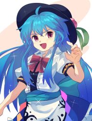 Rule 34 | 1girl, black hat, blue hair, blue skirt, bow, bowtie, center frills, frilled skirt, frills, fruit hat ornament, hat, highres, hinanawi tenshi, long hair, open mouth, peach hat ornament, plus2sf, puffy short sleeves, puffy sleeves, rainbow gradient, red bow, red bowtie, red eyes, shirt, short sleeves, skirt, solo, touhou, very long hair, white shirt