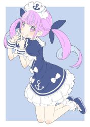 Rule 34 | 1girl, absurdres, ahoge, anchor symbol, bad id, bad twitter id, blue background, braid, colored inner hair, donguri suzume, double v, drill hair, frilled skirt, frills, hair ribbon, highres, hololive, kneeling, long hair, looking at viewer, maid headdress, minato aqua, minato aqua (1st costume), multicolored hair, purple eyes, purple hair, ribbon, shoes, simple background, skirt, solo, twin drills, twintails, v, virtual youtuber