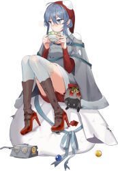 Rule 34 | 1girl, angry, animal, blue eyes, blue hair, blush, box, christmas, cup, drew (drew213g), full body, gloves, goat, gotland (kancolle), hair between eyes, hair bun, hat, high heels, kantai collection, long hair, long ribbon, looking at viewer, machinery, mole, mole under eye, official art, robe, sack, santa costume, santa hat, single hair bun, sitting, sitting on object, snow, solo, teacup, thighhighs, transparent background, turret, white gloves