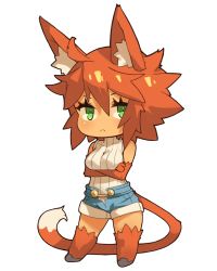 Rule 34 | 1girl, :&lt;, ahoge, animal ear fluff, animal ears, animal hands, blue shorts, breasts, cat tail, chibi, closed mouth, commentary, crossed arms, english commentary, fox ears, full body, green eyes, highres, looking at viewer, medium breasts, medium hair, monster girl, neko hole, neneko (neko hole), open clothes, open shorts, orange hair, ribbed sweater, short shorts, shorts, simple background, sleeveless, sleeveless sweater, solo, split mouth, sweater, tail, vins-mousseux, white background