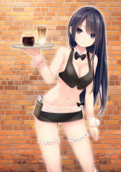 Rule 34 | 1girl, bare shoulders, black hair, blush, bow, bowtie, breasts, brick wall, bridal garter, cleavage, cleavage cutout, clothing cutout, coffee-kizoku, commentary request, crop top, cup, detached collar, drinking glass, female focus, frills, highres, holding, holding tray, long hair, looking at viewer, medium breasts, miniskirt, navel, open mouth, original, pouch, purple eyes, shiramine rika, skirt, solo, standing, tray, waitress, wall, wrist cuffs
