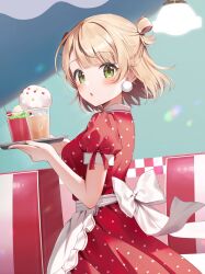 Rule 34 | 1girl, :o, apron, blonde hair, blush, bow, bow apron, breasts, cowboy shot, dot nose, dress, drink, earrings, frilled apron, frills, green eyes, highres, holding, holding tray, indie virtual youtuber, indoors, jewelry, juliet sleeves, lens flare, long sleeves, looking at viewer, medium breasts, momoshiki tsubaki, open mouth, polka dot, polka dot dress, puffy sleeves, red bow, shigure ui (vtuber), shop, short hair, short sleeves, sideways glance, sleeve bow, solo, tray, turning head, virtual youtuber, white apron, white bow