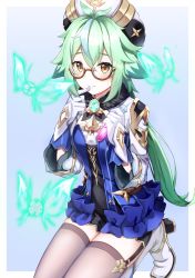 Rule 34 | 1girl, animal ears, antenna hair, blue dress, blue hair, blush, boots, brown-framed eyewear, brown thighhighs, bug, butterfly, closed mouth, coma (light825), commentary, dress, finger to mouth, fur collar, garter straps, genshin impact, glasses, gloves, glowing, glowing butterfly, gradient background, green hair, grey background, hair between eyes, hand up, hat, high heel boots, high heels, highres, holding, holding test tube, insect, kneeling, legs together, light blue hair, long hair, looking at viewer, multicolored hair, semi-rimless eyewear, sidelocks, solo, sucrose (genshin impact), test tube, thighhighs, two-tone hair, under-rim eyewear, vision (genshin impact), white footwear, white gloves, white hat, yellow eyes