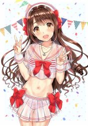Rule 34 | 10s, 1girl, bikini, bikini under clothes, brown eyes, brown hair, commentary request, double v, half updo, hat, highres, idolmaster, idolmaster cinderella girls, long hair, navel, one side up, open mouth, sailor collar, sailor hat, sakamuke, shimamura uzuki, smile, solo, striped bikini, striped clothes, swimsuit, swimsuit under clothes, v