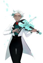 Rule 34 | 1boy, black pants, bow (music), closed mouth, coat, cookie run, fingernails, green shirt, high-waist pants, holding, holding instrument, holding violin, humanization, instrument, long sleeves, looking at viewer, male focus, mint choco cookie, music, musical note, orangekira, pants, playing instrument, shirt, short hair, solo, transparent background, violin, white coat, white hair