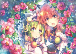 Rule 34 | 2girls, commentary request, floral background, green eyes, green hair, hair between eyes, holding, looking at viewer, multiple girls, onozuka komachi, open mouth, pom pom (clothes), red eyes, red hair, scarf, shared clothes, shared scarf, shiki eiki, smile, snowing, sparkle, striped clothes, striped scarf, touhou, yamadori ofuu