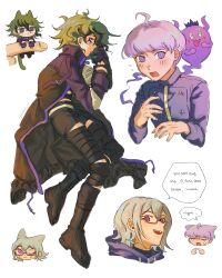 Rule 34 | 1other, 2boys, :3, absurdres, ahoge, animal ears, bandaged chest, bandaged leg, bandages, black coat, black footwear, blonde hair, blue jacket, boots, cat ears, chibi, closed mouth, coat, commentary, cropped torso, crown, english commentary, english text, eyeliner, full body, ghost, glasses, green hair, hair between eyes, halara nightmare, highres, hood, hood down, horns, jacket, kemonomimi mode, long sleeves, looking at viewer, lying, makeup, master detective archives: rain code, messy hair, multicolored hair, multiple boys, multiple views, on side, open clothes, open coat, open mouth, pink-framed eyewear, pink eyes, purple eyeliner, purple eyes, purple hair, semi-rimless eyewear, shinigami (ghost) (rain code), shinigami (rain code), short hair, simple background, skye (neokayii), smile, speech bubble, streaked hair, symbol in eye, tears, vivia twilight, white background, yuma kokohead