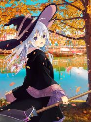 Rule 34 | 1girl, ahoge, autumn leaves, black hat, blush, boat, bow, braid, broom, commentary request, dot nose, elaina (majo no tabitabi), falling leaves, hair between eyes, hair bow, hat, highres, holding, holding broom, lake, leaf, long hair, long sleeves, majo no tabitabi, md5 mismatch, nakki (toarumajyutushi), open mouth, purple eyes, reflection, reflective water, resolution mismatch, revision, river, signature, smile, solo, source larger, tree, watercraft, white hair, wide sleeves, wind, witch, witch hat