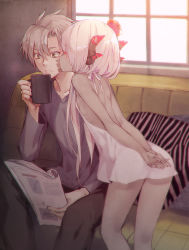 Rule 34 | 1boy, 1girl, arms behind back, backless dress, backless outfit, closed mouth, collarbone, couch, dark skin, day, demon horns, dress, gin (oyoyo), green eyes, grey hair, grey shirt, hetero, horns, indoors, kiss, kissing cheek, long hair, low twintails, magazine (object), on couch, original, profile, shirt, short dress, sitting, standing, twintails, v-neck, white dress, white hair, window