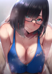 Rule 34 | 1girl, :q, andou you, black hair, breasts, breasts squeezed together, bright pupils, cleavage, competition swimsuit, covered erect nipples, glasses, green eyes, hexagon print, large breasts, motion lines, one-piece swimsuit, original, semi-rimless eyewear, short hair, solo, steaming body, swimsuit, teacher, tongue, tongue out, wet, wet clothes, wet swimsuit, white pupils