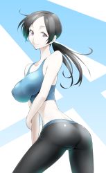Rule 34 | 1girl, ass, back, bare shoulders, black hair, breasts, colored skin, crop top, highres, impossible clothes, large breasts, long hair, looking at viewer, looking back, mattari yufi, midriff, narrow waist, nintendo, ponytail, purple eyes, shiny clothes, smile, solo, spandex, super smash bros., tank top, white skin, wii fit, wii fit trainer, wii fit trainer (female)
