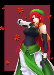 Rule 34 | 1girl, absurdres, alternate costume, beret, blue eyes, braid, breasts, detached sleeves, gloves, hat, highres, hinagami, hong meiling, impossible clothes, impossible shirt, large breasts, leaf, long hair, maple leaf, purple eyes, red hair, scarf, shirt, side braid, solo, star (symbol), touhou, very long hair, wrist wrap