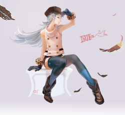 Rule 34 | 1girl, adjusting clothes, adjusting headwear, arm support, bare shoulders, blue eyes, blue thighhighs, boots, cabbie hat, feather hair, feathers, full body, fur trim, gloves, haibane isuka, hat, highres, iwamoto zerogo, legs, long hair, looking at viewer, magami series, profile, short shorts, shorts, silver hair, simple background, sitting, sleeveless, solo, thighhighs, zettai ryouiki