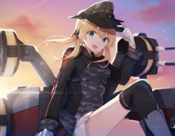 Rule 34 | 10s, 1girl, :d, anchor hair ornament, blonde hair, blue eyes, camouflage, cropped legs, cross, female focus, gloves, hair ornament, hiiragi souren, iron cross, kantai collection, looking at viewer, microskirt, military, military uniform, open mouth, outdoors, pleated skirt, prinz eugen (kancolle), skirt, smile, solo, turret, uniform, white gloves