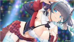 Rule 34 | 1girl, absurdres, azur lane, bandeau, blue eyes, blunt bangs, breasts, checkered clothes, checkered skirt, cheshire (azur lane), cleavage, detached collar, earrings, erotanuki, garter straps, highres, jewelry, large breasts, looking at viewer, maid headdress, multicolored hair, plaid, plaid skirt, ribbon, short hair, skirt, solo, thighhighs, white bandeau, white thighhighs