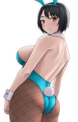 Rule 34 | 1girl, animal ears, ass, backless leotard, bare shoulders, black hair, blue leotard, breasts, brown eyes, commentary request, detached collar, fake animal ears, fake tail, fishnet pantyhose, fishnets, from behind, hashi, large breasts, leotard, looking at viewer, original, pantyhose, playboy bunny, rabbit ears, short hair, solo, strapless, strapless leotard, tail, white background