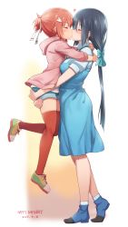 Rule 34 | 2018, 2girls, absurdres, asymmetrical docking, black hair, blue bow, blue dress, blue footwear, blue shorts, blush, bow, breast press, breasts, closed eyes, dated, dress, from side, full body, gradient background, hair bow, hair ornament, hair ribbon, heart, height difference, highres, hood, hoodie, hug, kiss, large breasts, long hair, low-tied long hair, michairu, multiple girls, pinafore dress, pink hoodie, ponytail, red hair, red legwear, ribbon, shirt, shoes, short hair, shorts, simple background, skindentation, sleeveless dress, small breasts, sneakers, socks, standing, thighhighs, tougou mimori, white background, white legwear, white shirt, yuri, yuuki yuuna, yuuki yuuna wa yuusha de aru, yuusha de aru