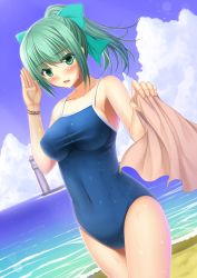 Rule 34 | 10s, 1girl, alternate costume, bad id, bad pixiv id, bare shoulders, beach, blush, bow, breasts, cloud, collarbone, competition school swimsuit, covered navel, day, green eyes, green hair, hair bow, hair ornament, kantai collection, large breasts, lighthouse, looking at viewer, matching hair/eyes, one-piece swimsuit, outdoors, personification, ponytail, salute, school swimsuit, shibata rai, sky, solo, swimsuit, wet, yuubari (kancolle)