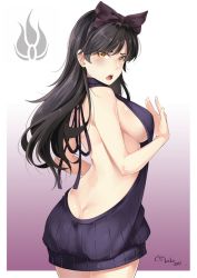 Rule 34 | 1girl, ass, backless dress, backless outfit, bare back, bare shoulders, black hair, black sweater, blake belladonna, blush, bow, breasts, butt crack, cowboy shot, dress, emblem, female focus, gradient background, hair bow, hair ribbon, halterneck, large breasts, long hair, looking at viewer, looking back, lulu-chan92, meme attire, naked sweater, open mouth, ribbon, rwby, sideboob, solo, sweater, sweater dress, turtleneck, turtleneck sweater, virgin killer sweater, yellow eyes