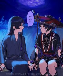 Rule 34 | 2boys, alternate hair length, alternate hairstyle, armor, black hair, blue eyes, blue kimono, blunt ends, collarbone, dark sky, dual persona, english text, from side, furrowed brow, genshin impact, grass, hair behind ear, hair between eyes, hair over shoulder, hand on another&#039;s hand, hat, highres, japanese armor, japanese clothes, jingasa, kimono, knees, kote, kurokote, layered sleeves, long hair, long sleeves, looking at another, lui lui00g, mitsudomoe (shape), multiple boys, open mouth, rope, scaramouche (genshin impact), shimenawa, short sleeves, shorts, sidelocks, sitting, smile, tall grass, tassel, tomoe (symbol), twitter username, veil, very long hair, wide sleeves