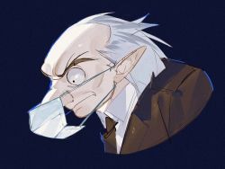 Rule 34 | 1boy, bald, big nose, blue background, brown jacket, closed mouth, collarbone, constricted pupils, frown, grey hair, highres, igor (persona), jacket, kanmae, male focus, mask, mouth mask, persona, persona 5, pointy ears, portrait, shirt, short hair, simple background, white shirt