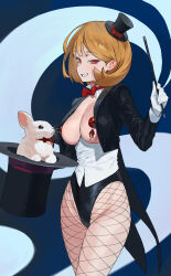 Rule 34 | 1girl, :d, animal, black hat, black jacket, blue background, bow, bowtie, breasts, breasts out, brown hair, coattails, fishnet pantyhose, fishnets, gloves, grin, hat, highleg, highres, jacket, large breasts, long sleeves, looking at viewer, magic trick, mini hat, mini top hat, no bra, open clothes, open jacket, open mouth, original, pantyhose, parted lips, pasties, rabbit, red bow, red bowtie, red eyes, sekoshi (some1else45), short hair, smile, solo, some1else45, top hat, two-tone background, wand, white gloves