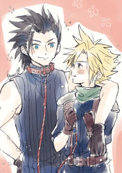Rule 34 | 2boys, arm around shoulder, armor, belt, black hair, blonde hair, blue eyes, blue shirt, blush, brown gloves, cloud strife, collar, crisis core final fantasy vii, earrings, final fantasy, final fantasy vii, gloves, green scarf, hair between eyes, hand on own hip, holding, holding leash, jewelry, leash, looking at another, male focus, multiple boys, pink background, scarf, shinra infantry uniform, shirt, short hair, shoulder armor, single earring, sleeveless, sleeveless turtleneck, spiked hair, square enix, suspenders, turtleneck, upper body, yaoi, zack fair
