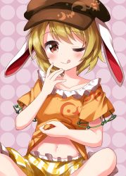 Rule 34 | 1girl, animal ears, blonde hair, blush, breasts, brown headwear, cabbie hat, closed mouth, clothes lift, collarbone, flat cap, floppy ears, frilled shirt, frilled shorts, frills, hat, highres, indian style, looking at viewer, midriff, moon rabbit, navel, one-hour drawing challenge, one eye closed, orange shirt, pink background, rabbit ears, red eyes, ringo (touhou), ruu (tksymkw), shirt, shirt lift, short hair, short sleeves, shorts, sitting, small breasts, smile, stomach, striped clothes, striped shorts, tongue, touhou, yellow shorts