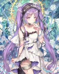 Rule 34 | 1girl, armlet, bare shoulders, blush, bracelet, closed mouth, collarbone, cowboy shot, day, detached sleeves, dress, euryale (fate), fate/hollow ataraxia, fate (series), floral background, frills, hand up, headdress, highres, jewelry, long hair, looking at viewer, momoko (momopoco), outdoors, purple eyes, purple hair, sidelocks, smile, solo, thighlet, tsurime, twintails, very long hair, white dress