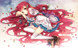 Rule 34 | 1girl, absurdly long hair, brown eyes, cherry, cranberry (vocaloid), crying, crying with eyes open, curly hair, dress, food, fruit, gumi, hair ornament, highres, lace, lace-trimmed legwear, lace trim, long hair, lying, on side, original, red hair, solo, tearfish, tears, thighhighs, very long hair, vocaloid, wavy hair, white thighhighs