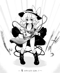Rule 34 | 1girl, ahoge, aura, bare legs, boots, bow, breasts, cleavage, commentary request, greyscale, hat, hat bow, heart, heart of string, komeiji koishi, large breasts, long hair, looking at viewer, monochrome, navel, smile, solo, tanasuke, third eye, touhou, v-shaped eyebrows
