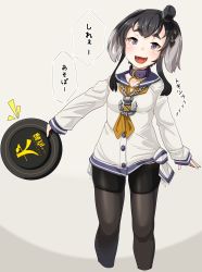 Rule 34 | 1girl, anchor, anchor symbol, black hair, black pantyhose, collar, commentary request, dress, frisbee, grey hair, hairband, hat, highres, holding, kantai collection, konoshige (ryuun), long sleeves, looking at viewer, lowleg, lowleg pantyhose, mini hat, multicolored hair, neckerchief, open mouth, pantyhose, sailor collar, sailor dress, shirt, short hair, short hair with long locks, sidelocks, smile, solo, tied shirt, tokitsukaze (kancolle), translation request