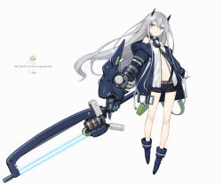 Rule 34 | 1girl, belt, blue footwear, blue jacket, boots, center opening, chainsaw, energy blade, gauntlets, headgear, holding, holding weapon, jacket, long hair, looking at viewer, navel, necktie, off shoulder, original, poco (asahi age), purple eyes, shorts, silver hair, single gauntlet, solo, standing, very long hair, weapon, white background