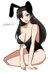 Rule 34 | 1girl, animal ears, arm support, artist name, asymmetrical bangs, bikini, black hair, breasts, brown eyes, cleavage, fake animal ears, girls und panzer, hifumi hajime, large breasts, leotard, long hair, looking at viewer, nishi kinuyo, open mouth, playboy bunny, rabbit ears, sitting, solo, swimsuit, white background