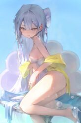 Rule 34 | 1girl, absurdres, bare shoulders, blue background, blush, breasts, closed mouth, commentary request, foot out of frame, gem, grey eyes, grey hair, hair between eyes, hair ornament, hair ribbon, heart, high heels, highres, hisiya (wldn1112), korean commentary, long hair, looking at viewer, medium breasts, one-piece swimsuit, original, pearl (gemstone), ribbon, sideboob, silver footwear, simple background, single bare leg, single thighhigh, smile, solo, strap slip, swimsuit, thighhighs, thighs, very long hair, white thighhighs