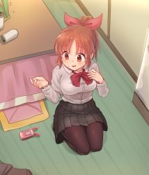 Rule 34 | 10s, 1girl, abe nana, absurdres, bag of chips, black pantyhose, black skirt, blush, bow, bowtie, breasts, brown eyes, brown hair, buttons, can, cellphone, collared shirt, commentary request, cushion, from above, full body, futon, hair bow, highres, idolmaster, idolmaster cinderella girls, indoors, kamille (vcx68), large breasts, long hair, long sleeves, looking at phone, no shoes, open mouth, pantyhose, phone, pink bow, pleated skirt, ponytail, red bow, red bowtie, school uniform, seiza, shadow, shirt, sidelocks, sitting, skirt, solo, sweatdrop, wall, white shirt