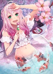 Rule 34 | 1girl, :d, absurdres, ahoge, arm up, bare shoulders, blurry, blurry foreground, blush, boat, braid, breasts, cherry blossoms, cleavage, commentary request, cowboy shot, dango, depth of field, falling petals, fish, food, frilled shirt, frills, green eyes, groin, hair between eyes, hanami, hand on own head, highres, holding, holding food, ichino tomizuki, koi, leaning on object, long hair, looking at viewer, medium breasts, mermaid, midriff, monster girl, navel, open mouth, original, partially submerged, petals, pink hair, plate, ripples, sanshoku dango, scales, shadow, shirt, sidelocks, skewer, sleeveless, sleeveless shirt, smile, solo, split tail, spring (season), stomach, wagashi, water, watercraft, wet, white shirt