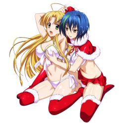 Rule 34 | 10s, 2girls, ahoge, arm up, asia argento, blonde hair, blue hair, boots, bow, bra, breasts, capelet, cleavage, detached sleeves, floating hair, fur-trimmed boots, fur trim, green eyes, groin, hair between eyes, high school dxd, kneeling, large breasts, long hair, microskirt, midriff, multiple girls, navel, open mouth, panties, parted lips, pleated skirt, red footwear, red legwear, red ribbon, red skirt, ribbon, santa costume, shiny clothes, short hair, skirt, smile, stomach, sweatdrop, thigh boots, thighhighs, transparent background, underwear, very long hair, white bow, white bra, white panties, xenovia quarta, yellow eyes