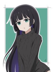 Rule 34 | 1girl, black hair, blunt bangs, bocchi the rock!, colored inner hair, highres, hime cut, long hair, long sleeves, looking at viewer, multicolored hair, open mouth, pa-san, purple hair, ribbed sweater, solo, standing, sweater, thundradrawings, turtleneck, turtleneck sweater, upper body