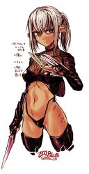 Rule 34 | 1girl, black choker, black panties, breasts, bright pupils, choker, claw (weapon), closed mouth, cropped legs, dark elf, dark skin, dark-skinned female, dated, earrings, elf, fishnet top, fishnets, gluteal fold, grey hair, highleg, highleg panties, holding, holding knife, jewelry, knife, kotoba noriaki, looking at viewer, mole, mole under eye, navel, notched ear, ofuda, original, panties, pointy ears, ponytail, red eyes, sidelocks, signature, simple background, small breasts, solo, standing, thighhighs, translation request, underwear, weapon, white background