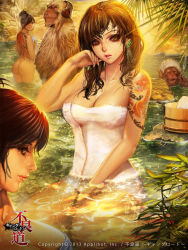Rule 34 | 3girls, applibot, ass, back tattoo, breasts, brown eyes, brown hair, bucket, cigarette, cleavage, copyright name, dated, furyou michi ~gang road~, hair over one eye, headphones, highres, large breasts, lips, looking back, monkey, multiple girls, naked towel, nude, onsen, parted lips, profile, rock, smile, smoke, smoking, tattoo, towel, water, watermark, wooden bucket, xaxak