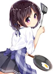 Rule 34 | 1girl, apron, black hair, black skirt, blush, bob cut, braid, chikuwa., cooking, egg, egg (food), food, from side, frying pan, hand up, holding, looking at viewer, original, plaid, plaid apron, purple eyes, pursed lips, shirt, short hair, simple background, skirt, sleeves past elbows, solo, spatula, sunny side up egg, white background, white shirt